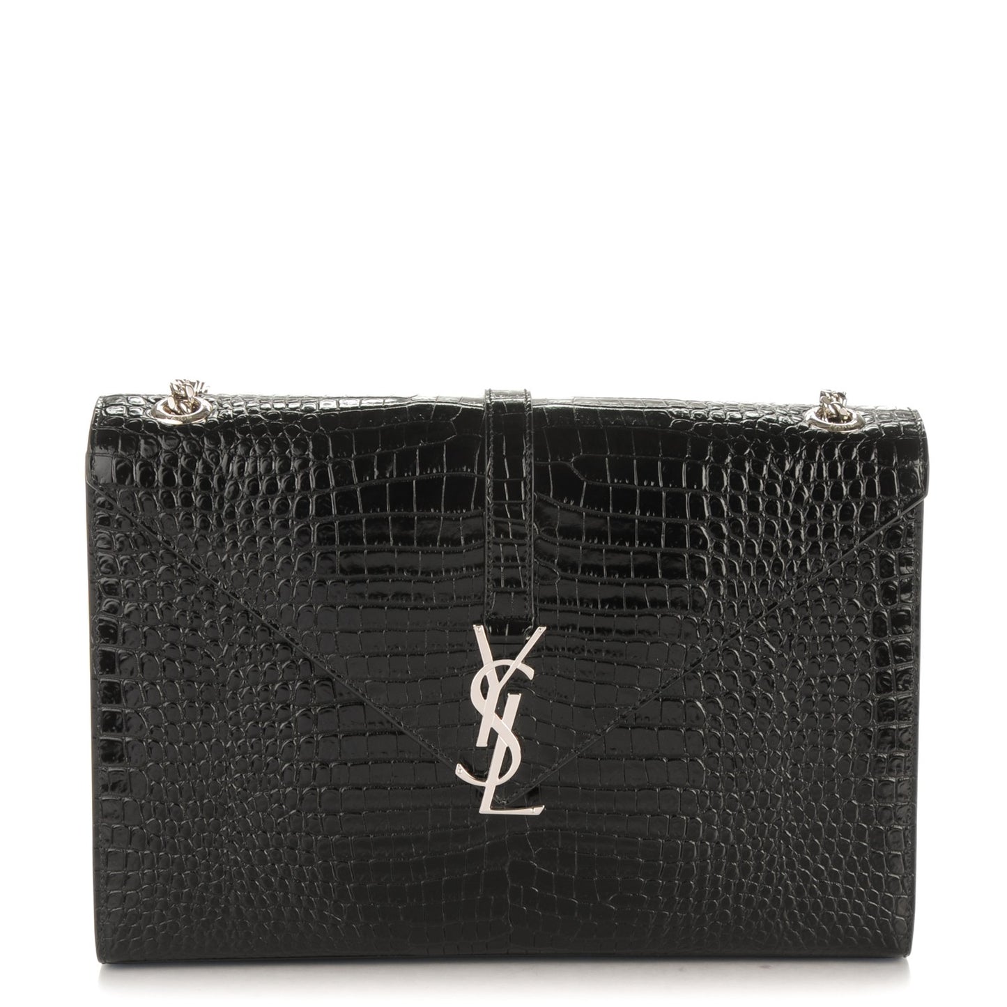 Calfskin Crocodile Embossed Monogram Large Satchel Black