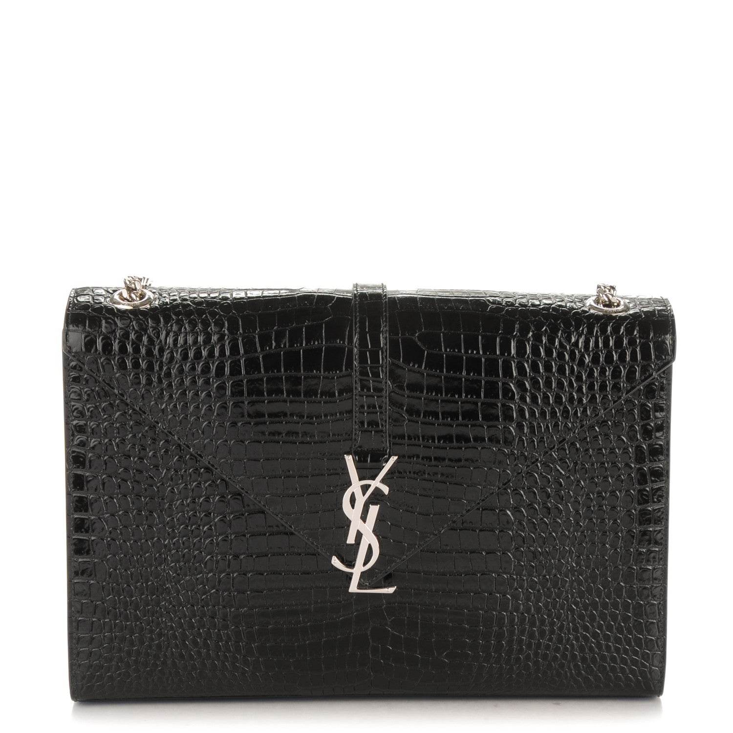 Saint Laurent Calfskin Crocodile Embossed Monogram Large Satchel Black 1 of 8