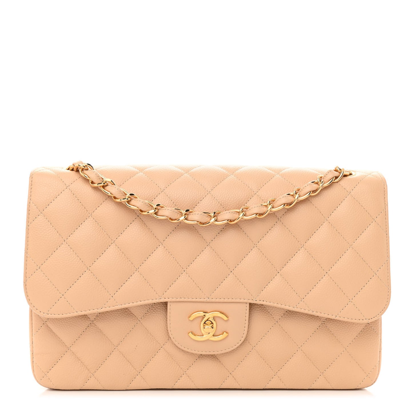 Caviar Quilted Jumbo Double Flap Beige
