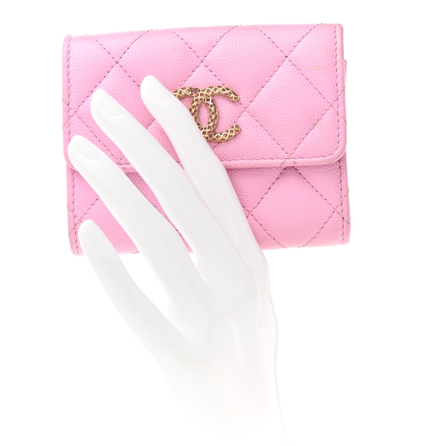 Caviar Metal Perforated Quilted CC Compact Flap Card Holder Pink Green