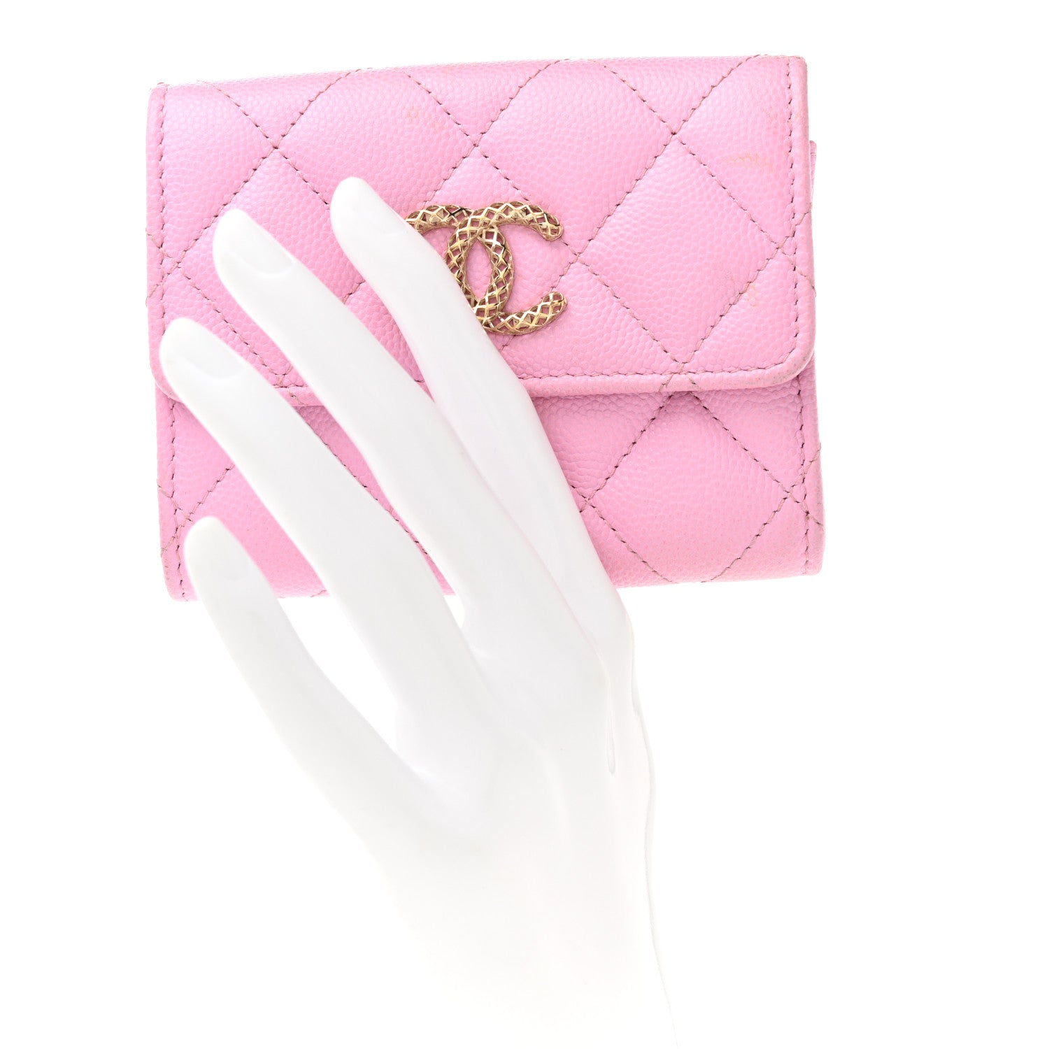 Chanel Caviar Metal Perforated Quilted CC Compact Flap Card Holder Pink Green 2 of 10