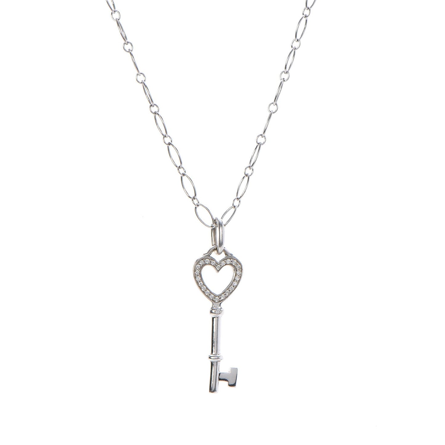 18K White Gold Diamond Mini Heart Key Charm Pendant Link Necklace