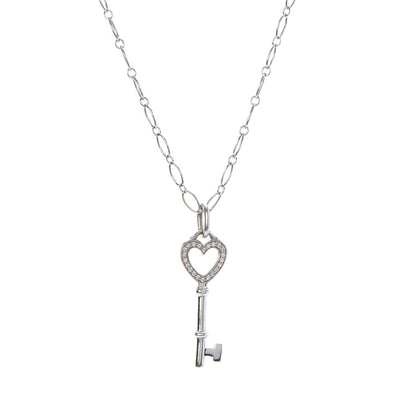 Tiffany 18K White Gold Diamond Mini Heart Key Charm Pendant Link Necklace 4 of 7