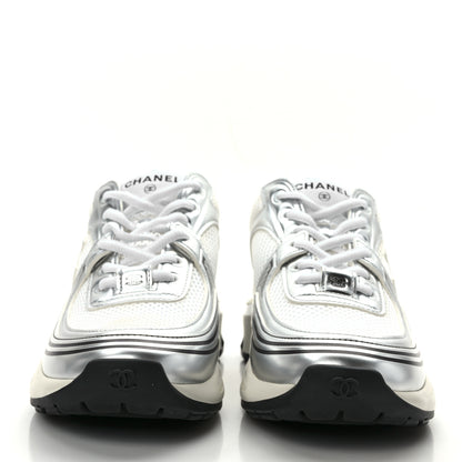 Chanel Fabric Laminated Calfskin Stretch CC Sneakers 36.5 White Silver 2 of 10