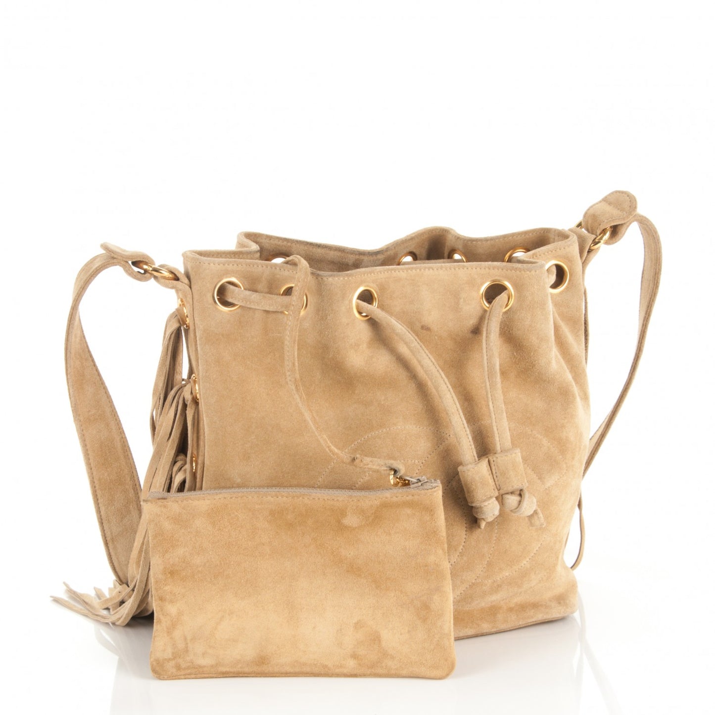 Suede CC Drawstring Shoulder Bag Beige