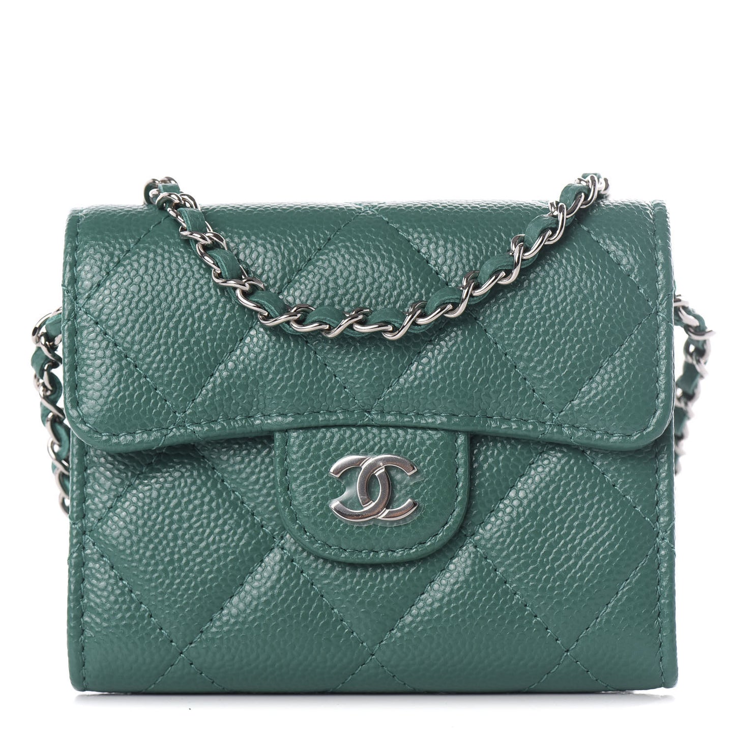 Caviar Quilted Card Holder On Chain Green