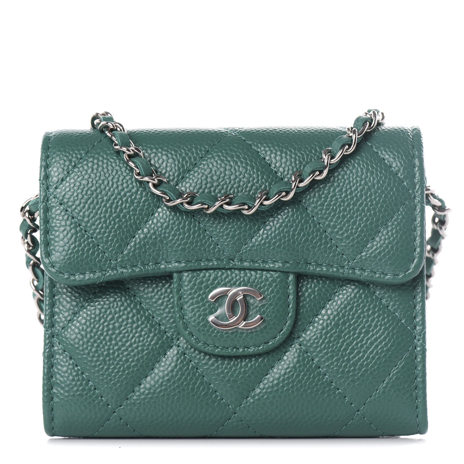 Chanel Caviar Quilted Card Holder On Chain Green 1 of 10