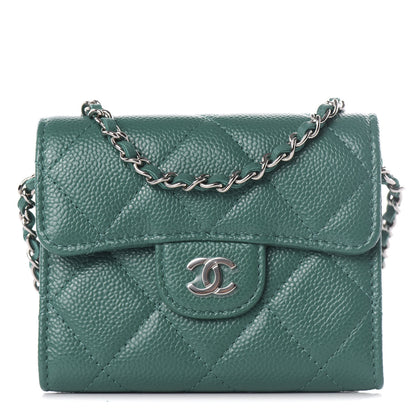 Chanel Caviar Quilted Card Holder On Chain Green 1 of 10