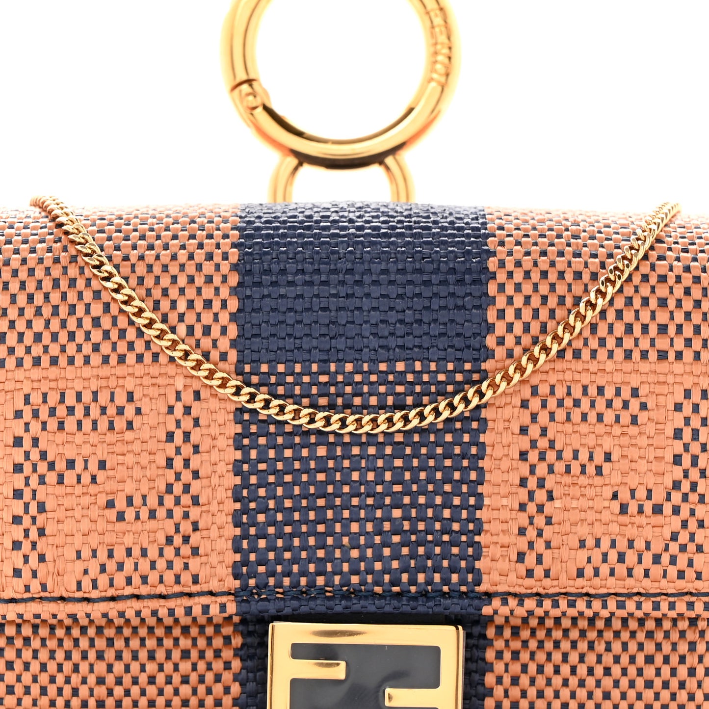 Raffia Pequin Gingham Woven Nano Baguette Charm Blue Ruggine