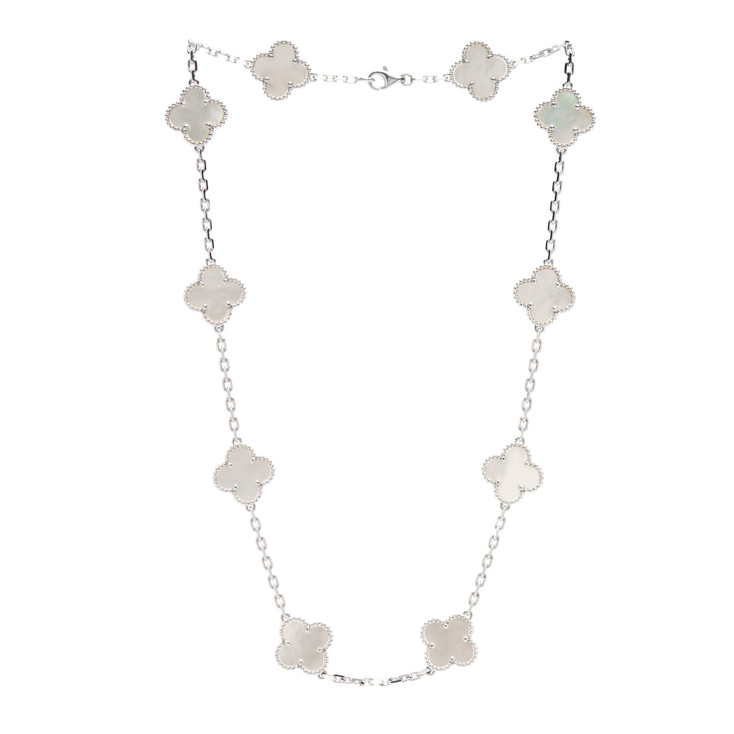 18K White Gold Mother of Pearl 10 Motifs Vintage Alhambra Necklace