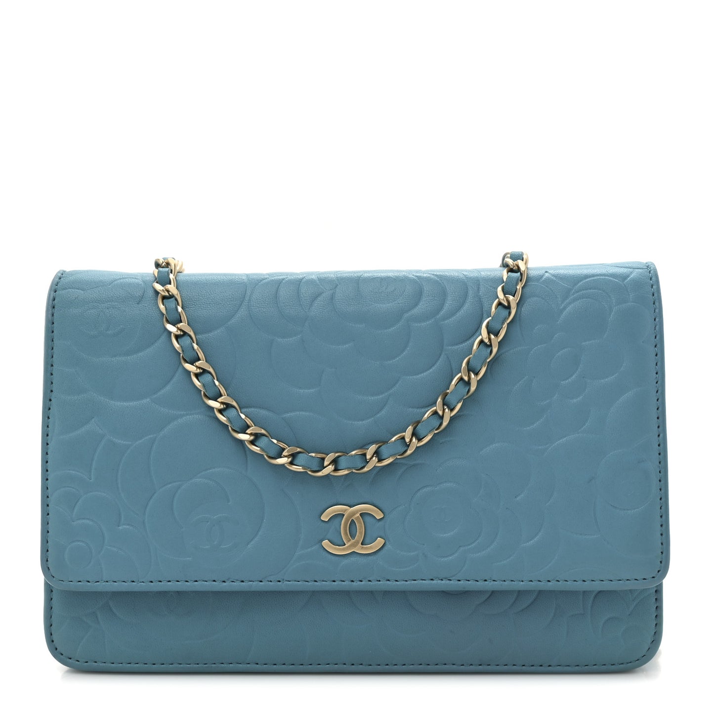 Lambskin Camellia Embossed Wallet On Chain WOC Turquoise