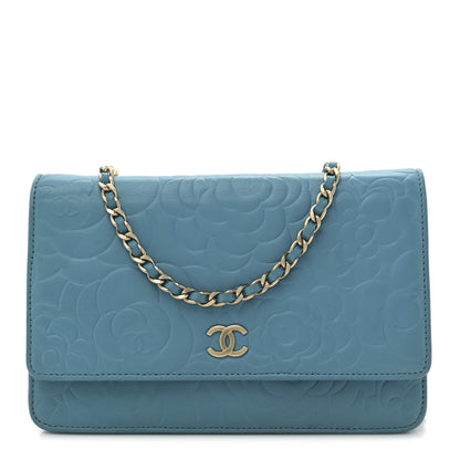 Chanel Lambskin Camellia Embossed Wallet On Chain WOC Turquoise 1 of 11