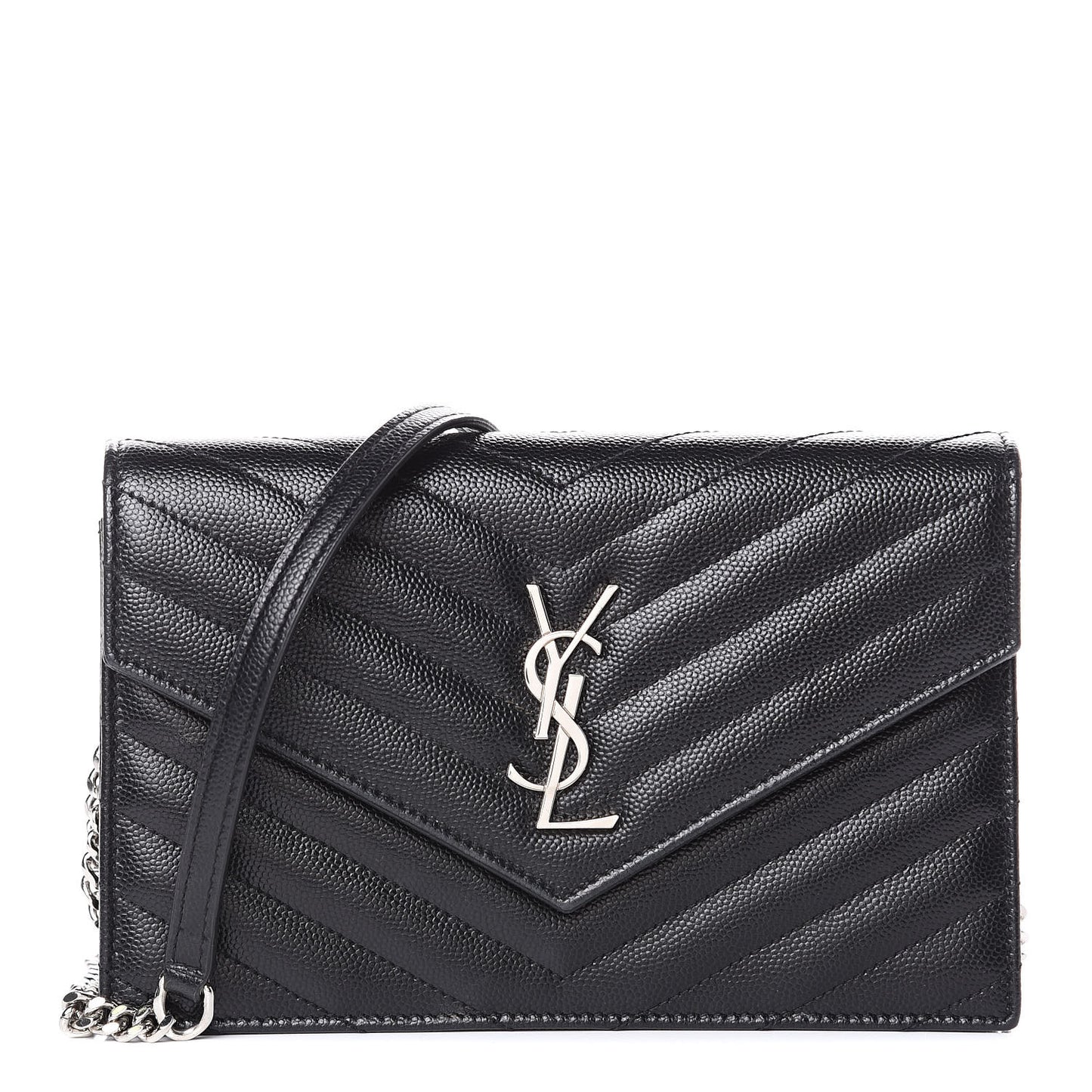 Grain De Poudre Matelasse Chevron Monogram Envelope Chain Wallet Black