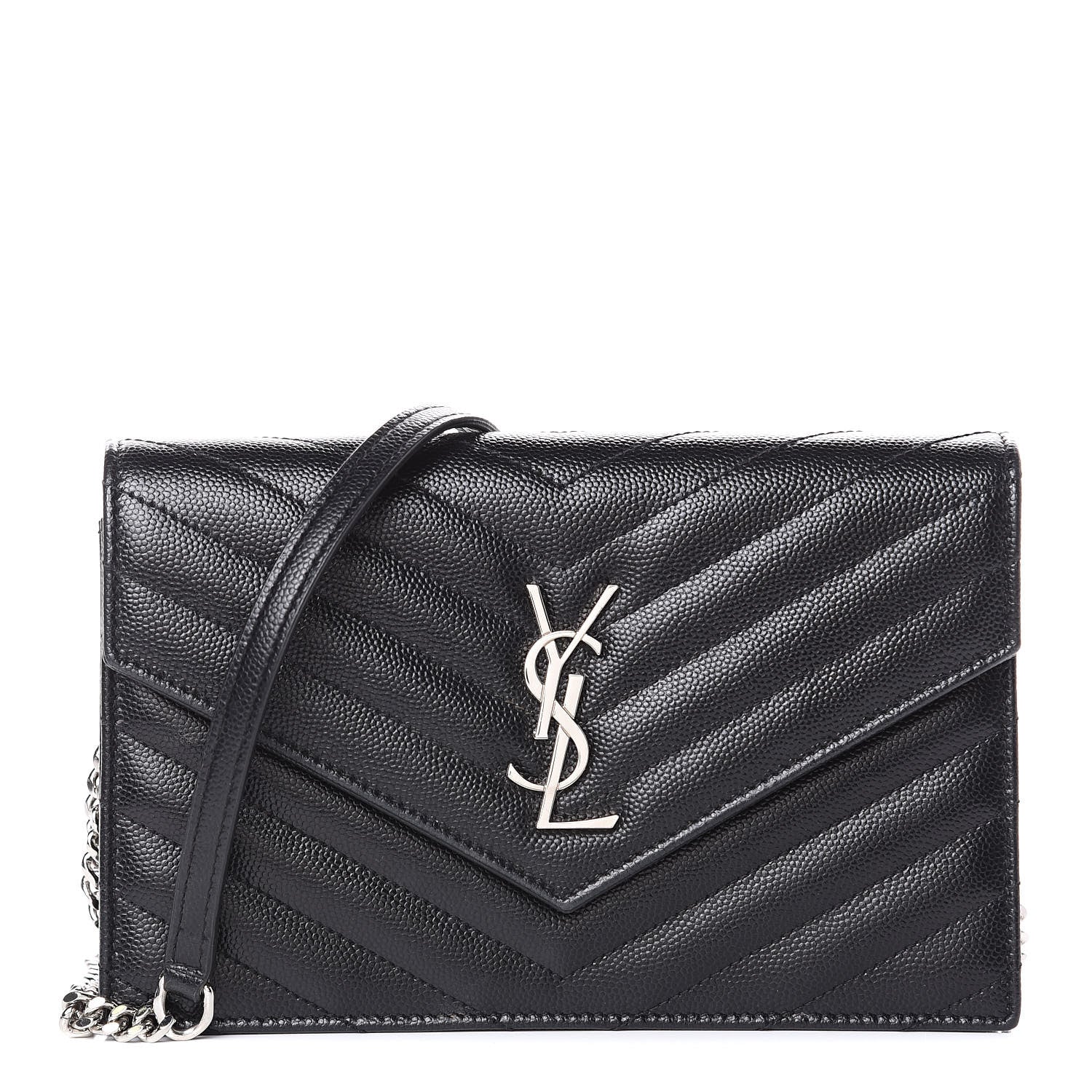 Saint Laurent Grain De Poudre Matelasse Chevron Monogram Envelope Chain Wallet Black 1 of 11