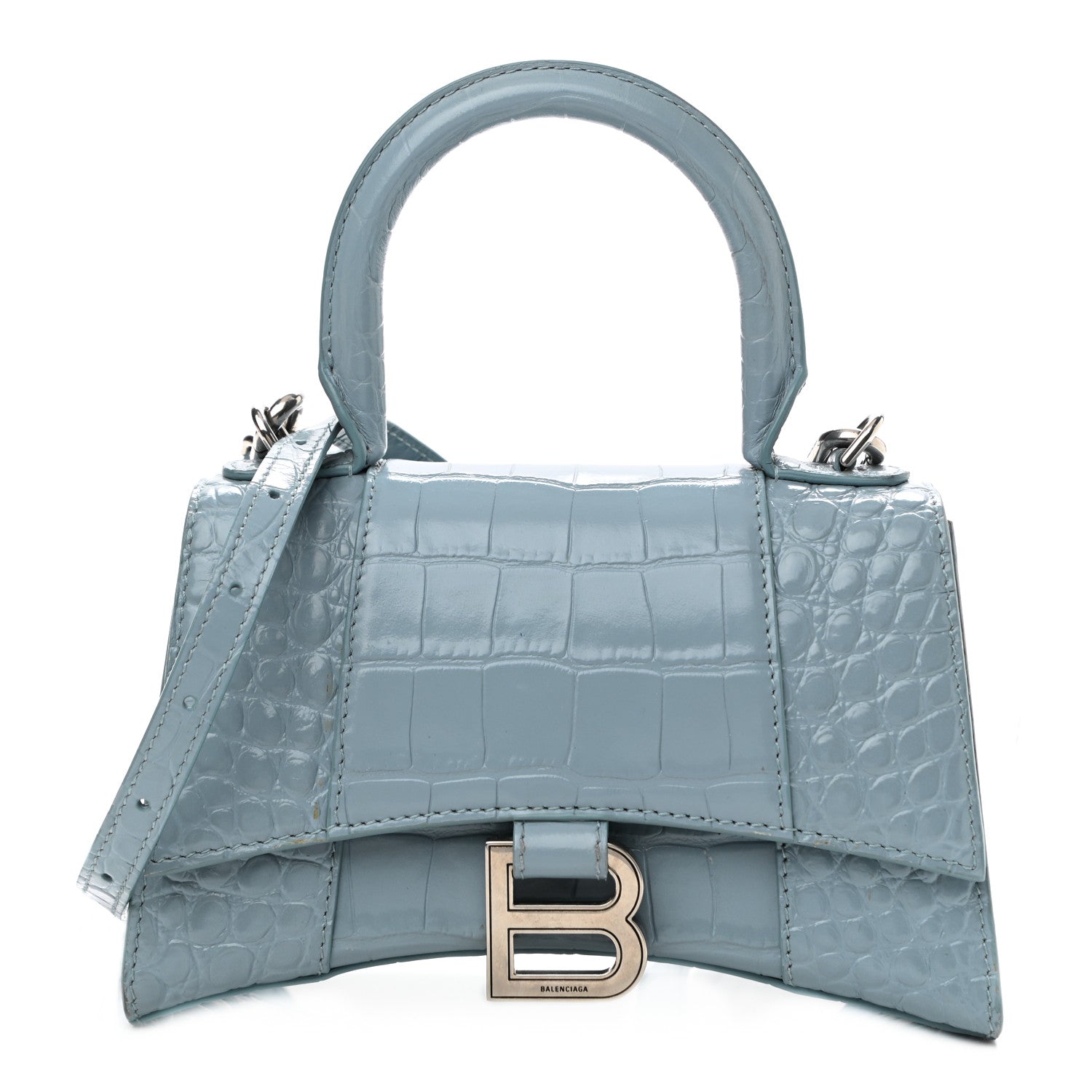 Balenciaga Shiny Calfskin Crocodile Embossed Hourglass Top Handle Bag XS Blue Grey 1 of 9