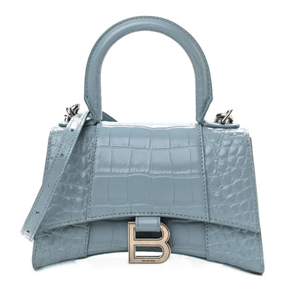 Balenciaga Shiny Calfskin Crocodile Embossed Hourglass Top Handle Bag XS Blue Grey 1 of 9