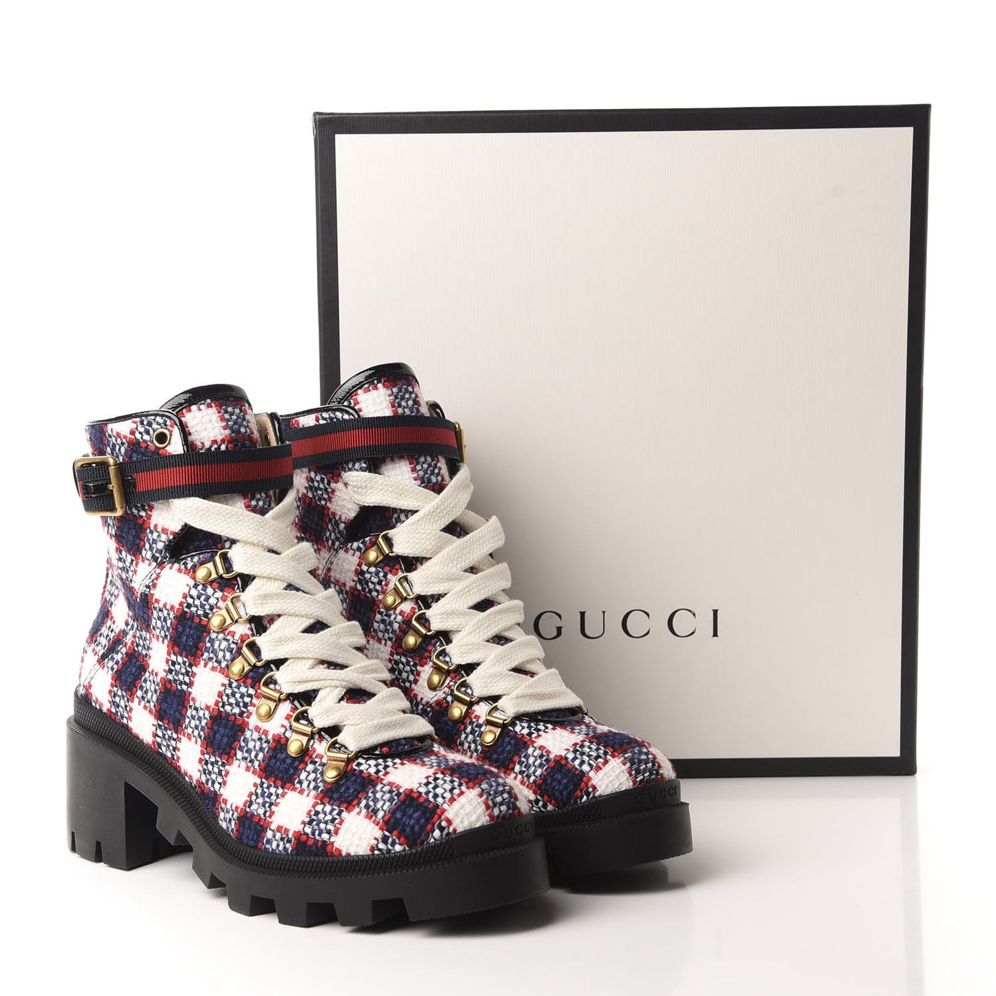 Vintage Tweed Check Lace Up Combat Ankle Boots 40.5 White Hibiscus Red Marine