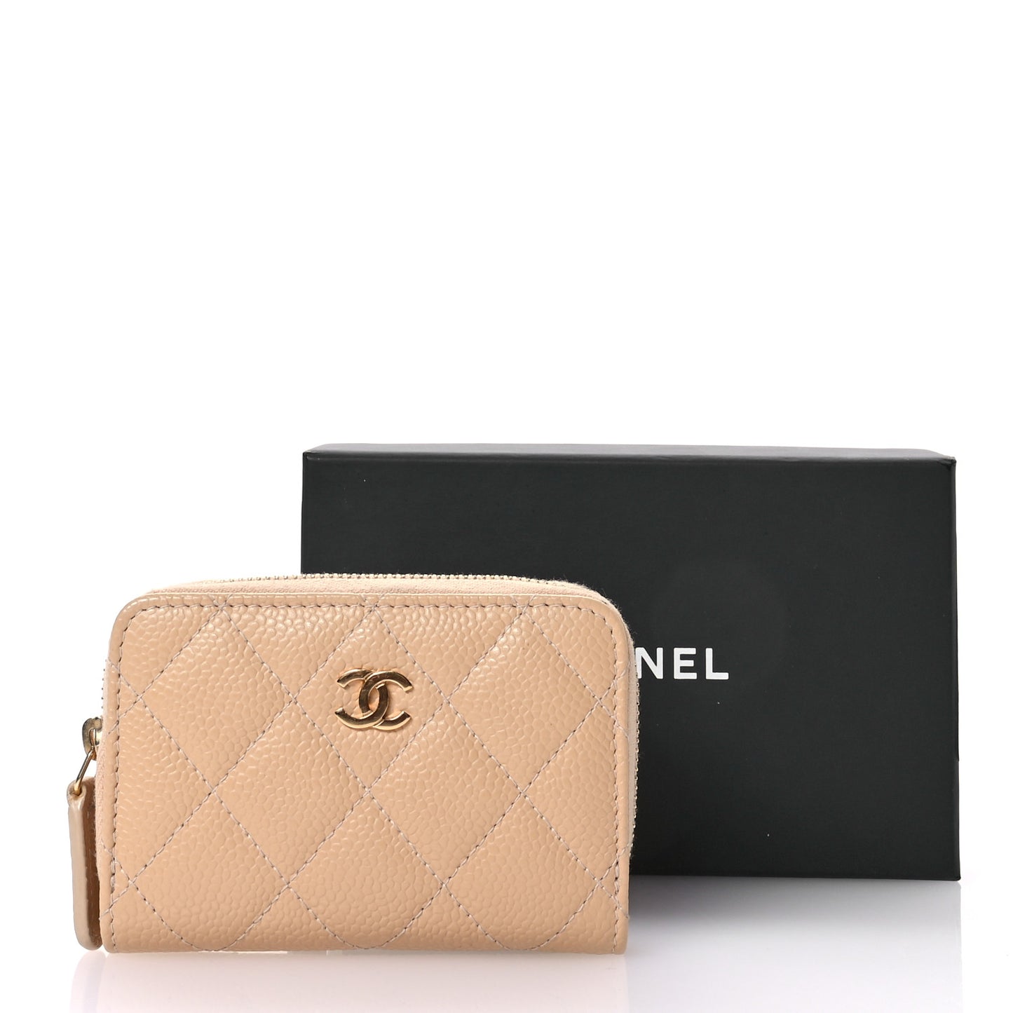 Caviar Quilted Zip Around Coin Purse Beige
