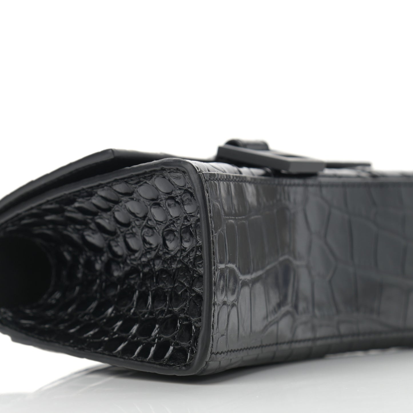 Shiny Calfskin Monochrome Crocodile Embossed Hourglass Top Handle Bag XS Black