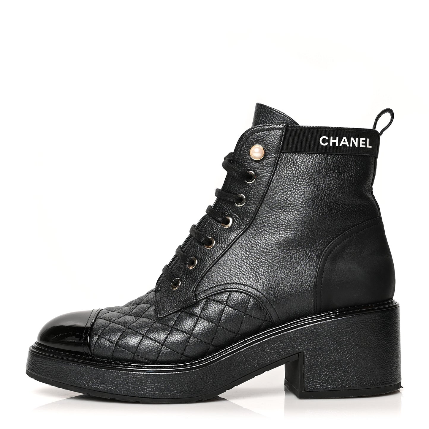 Pearly Calfskin Patent Calfskin Lace Up Combat Boots 40.5 Black