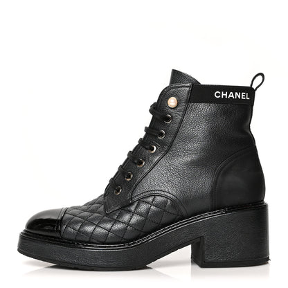 Chanel Pearly Calfskin Patent Calfskin Lace Up Combat Boots 40.5 Black 1 of 9
