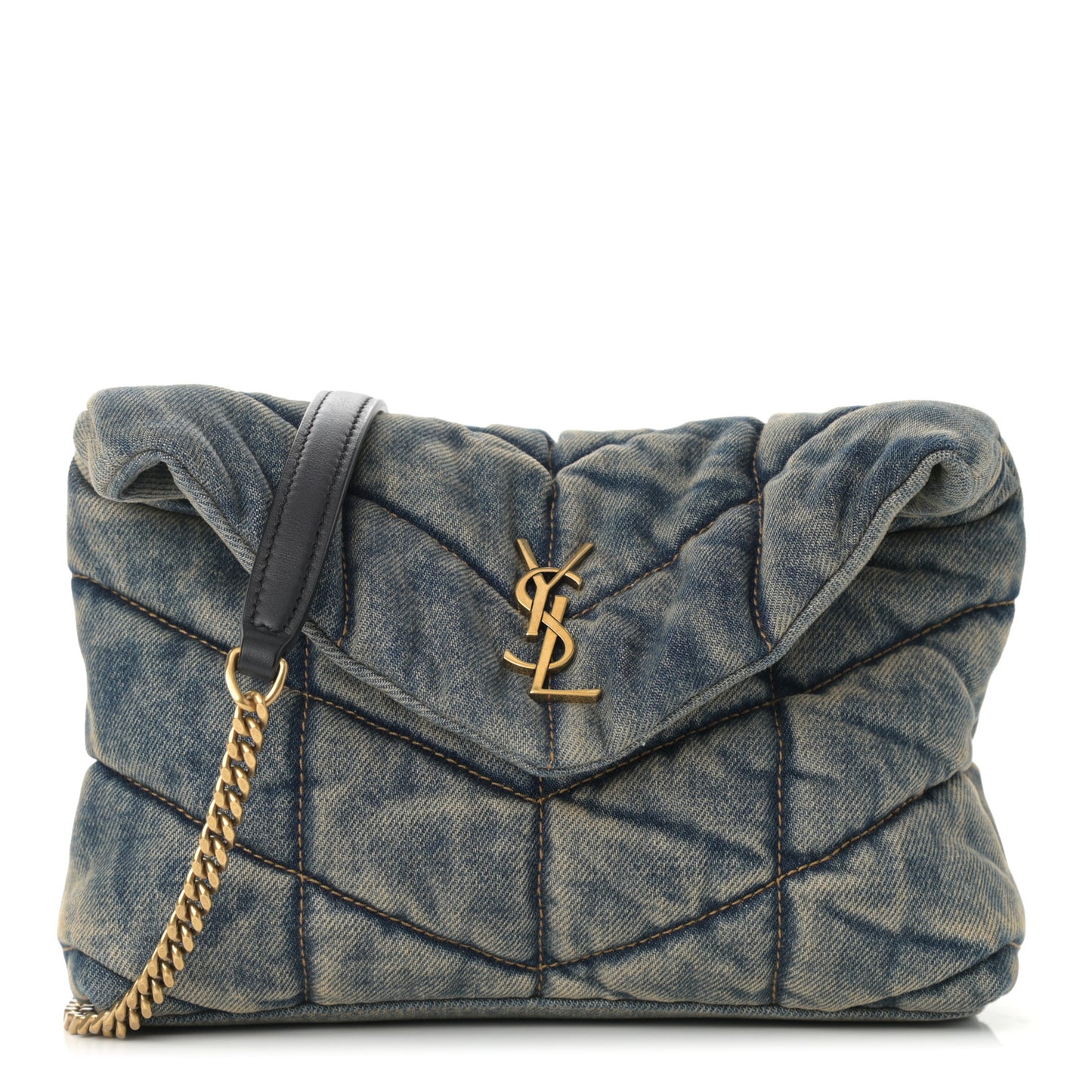 Denim Quilted Toy Loulou Puffer Monogram Chain Satchel Blue Black