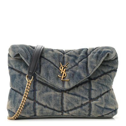 Saint Laurent Denim Quilted Toy Loulou Puffer Monogram Chain Satchel Blue Black 1 of 10