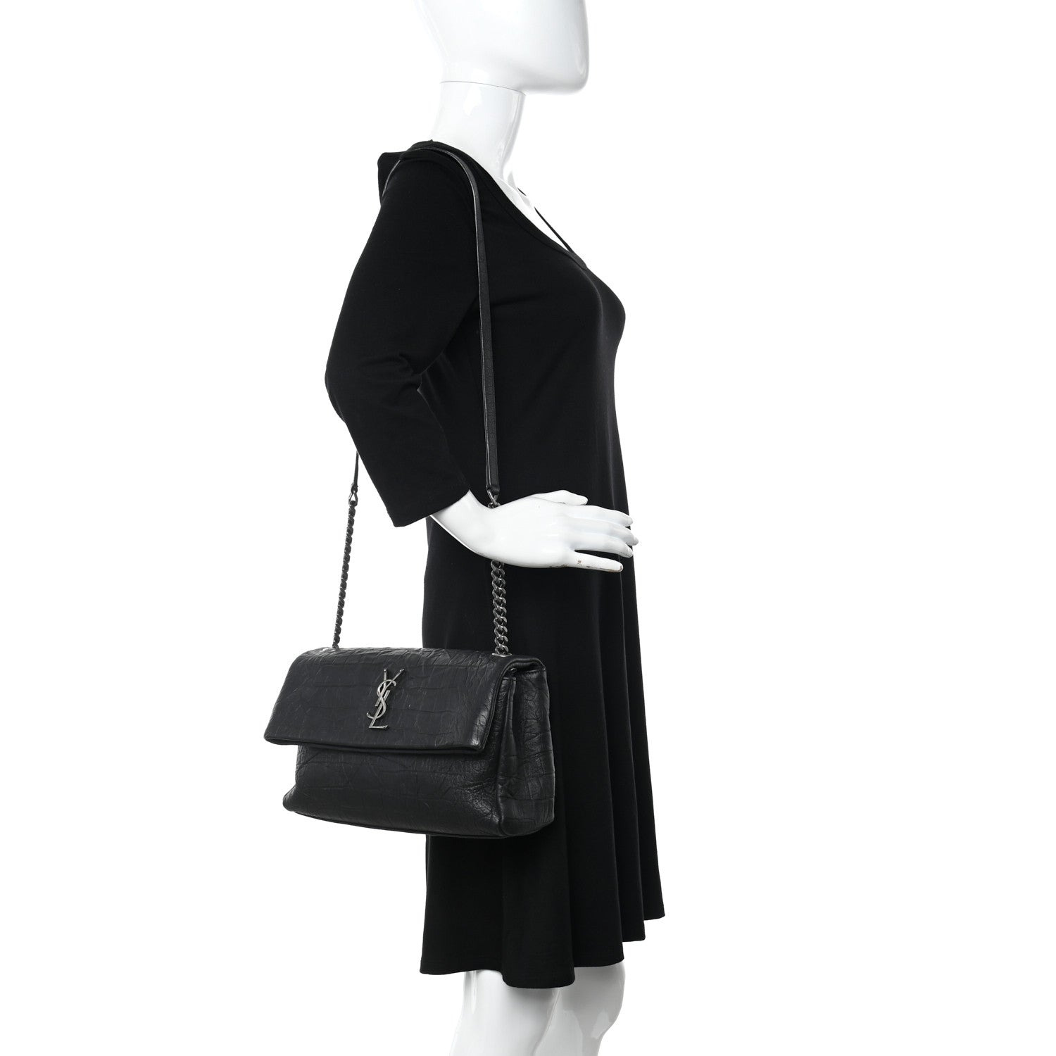 Saint Laurent Calfskin Crocodile Embossed Medium West Hollywood Monogram Fold-Over Black 2 of 12