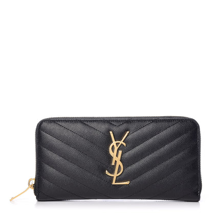 Saint Laurent Grain De Poudre Matelasse Chevron Monogram Zip Around Wallet Black 1 of 9