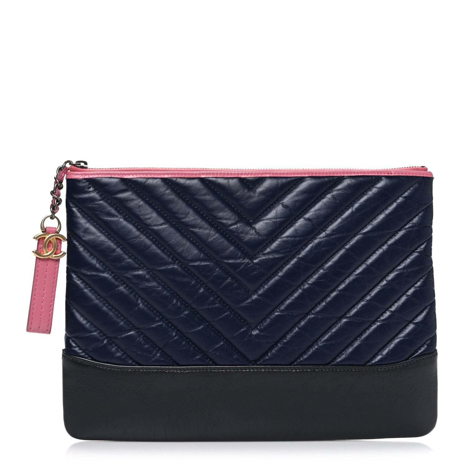Chanel Aged Calfskin Chevron Quilted Medium Gabrielle Cosmetic Case Dark Pink Navy Charcoal 1 of 7