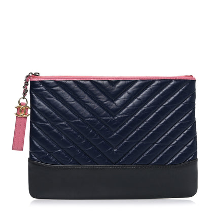 Chanel Aged Calfskin Chevron Quilted Medium Gabrielle Cosmetic Case Dark Pink Navy Charcoal 1 of 7