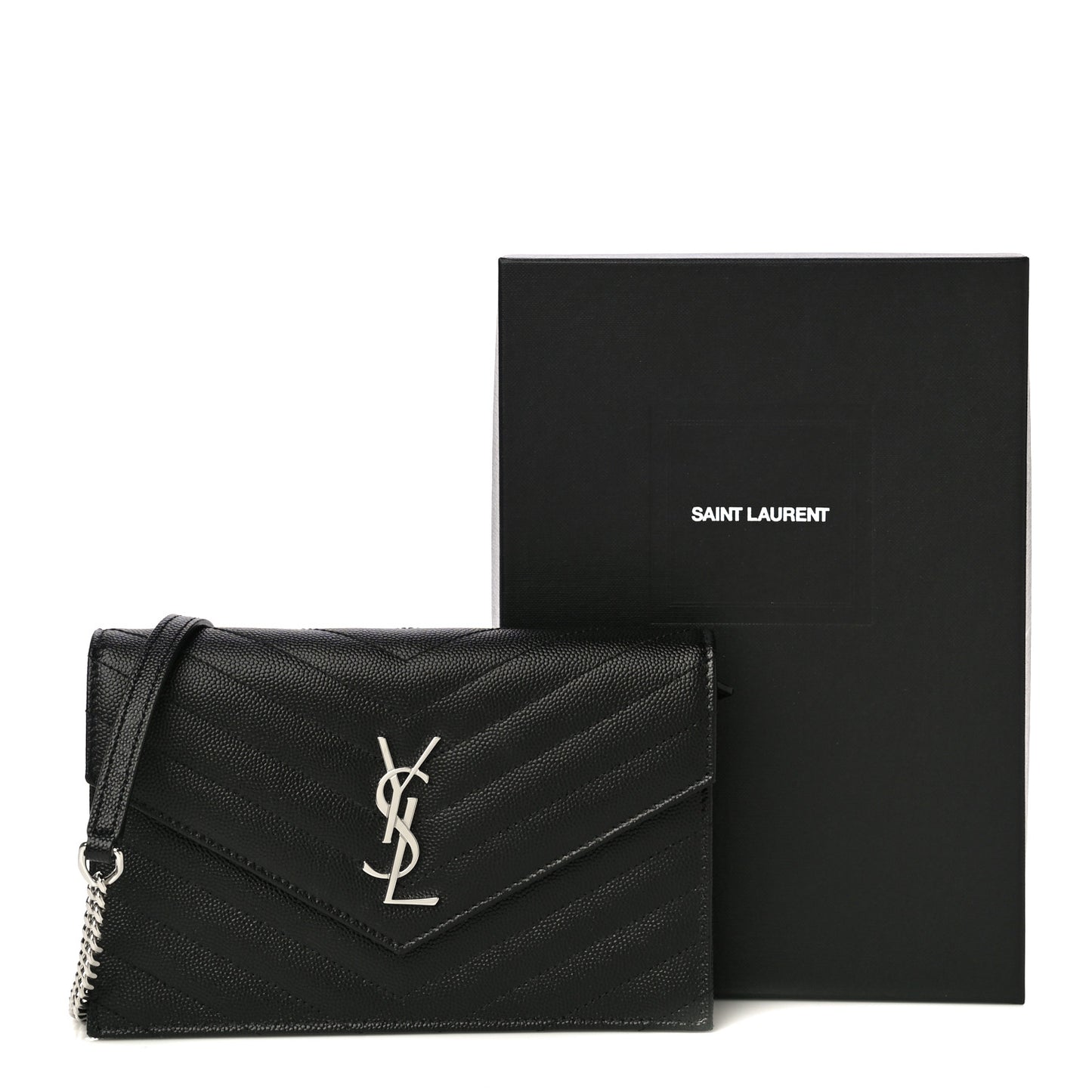 Grain De Poudre Matelasse Chevron Monogram Envelope Chain Wallet Black