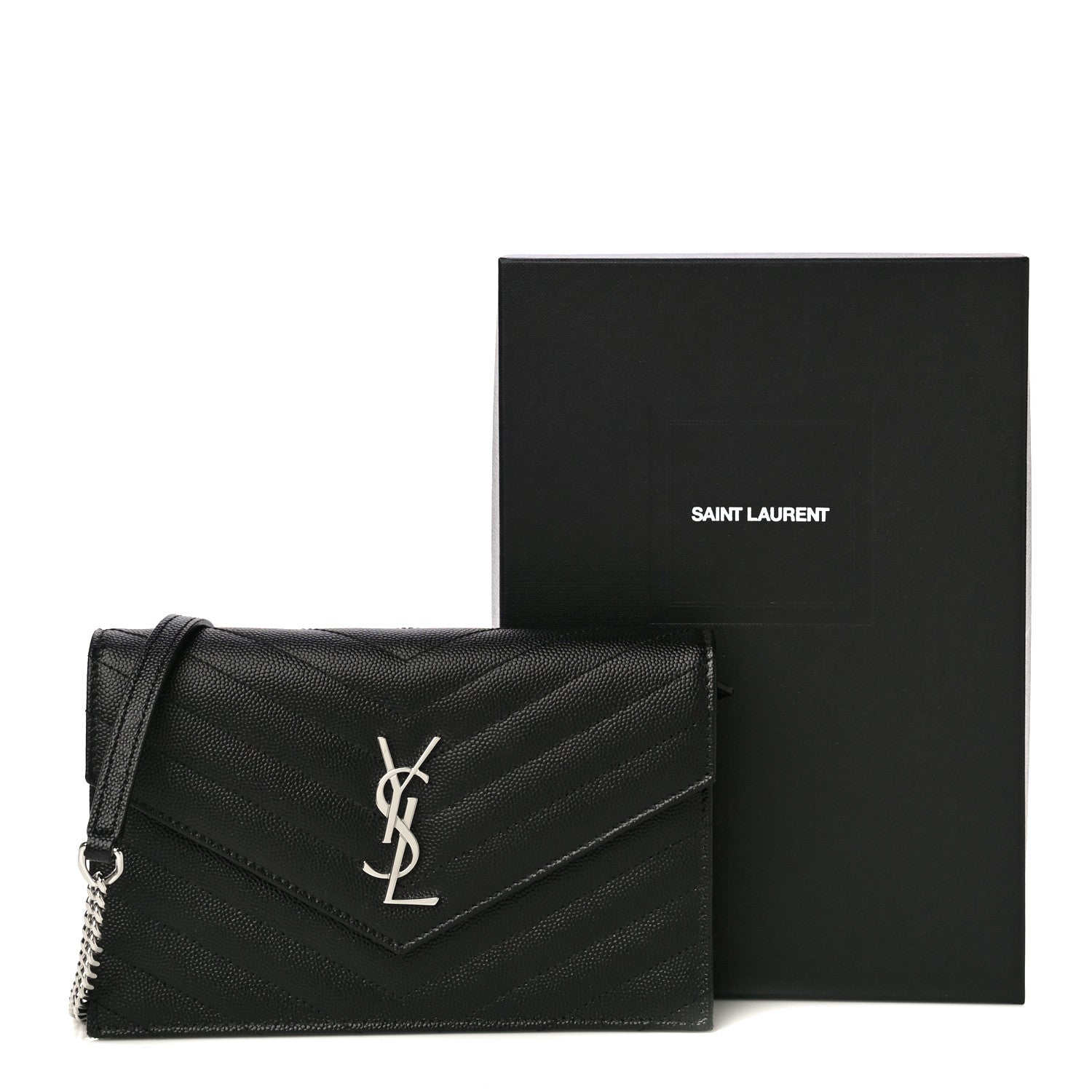 Saint Laurent Grain De Poudre Matelasse Chevron Monogram Envelope Chain Wallet Black 11 of 11