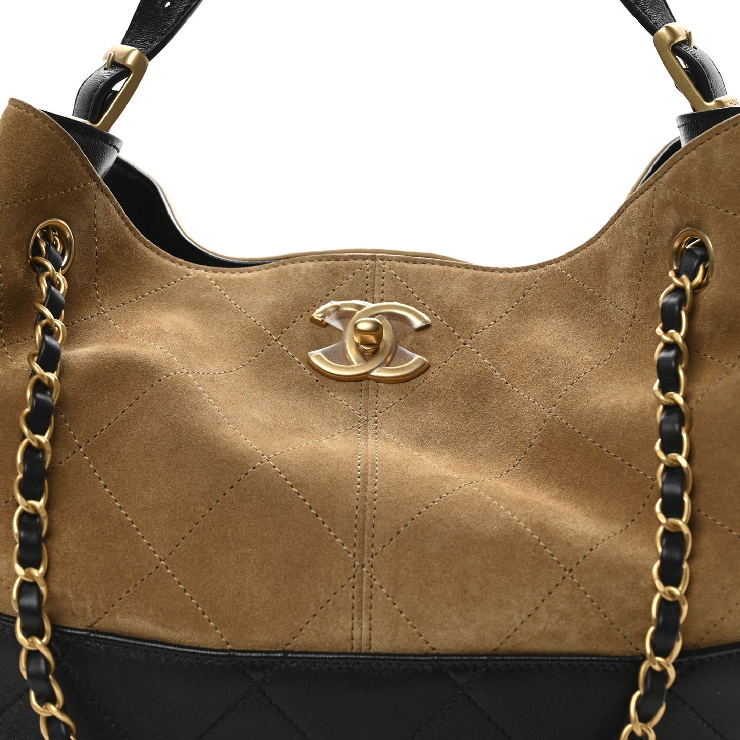 Suede Calfskin Shiny Lambskin Quilted Small Coco Base Shopping Bag Beige Black