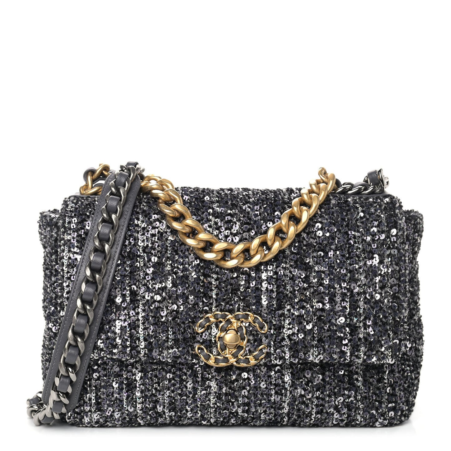 Sequin Quilted Medium Chanel 19 Flap Black Silver