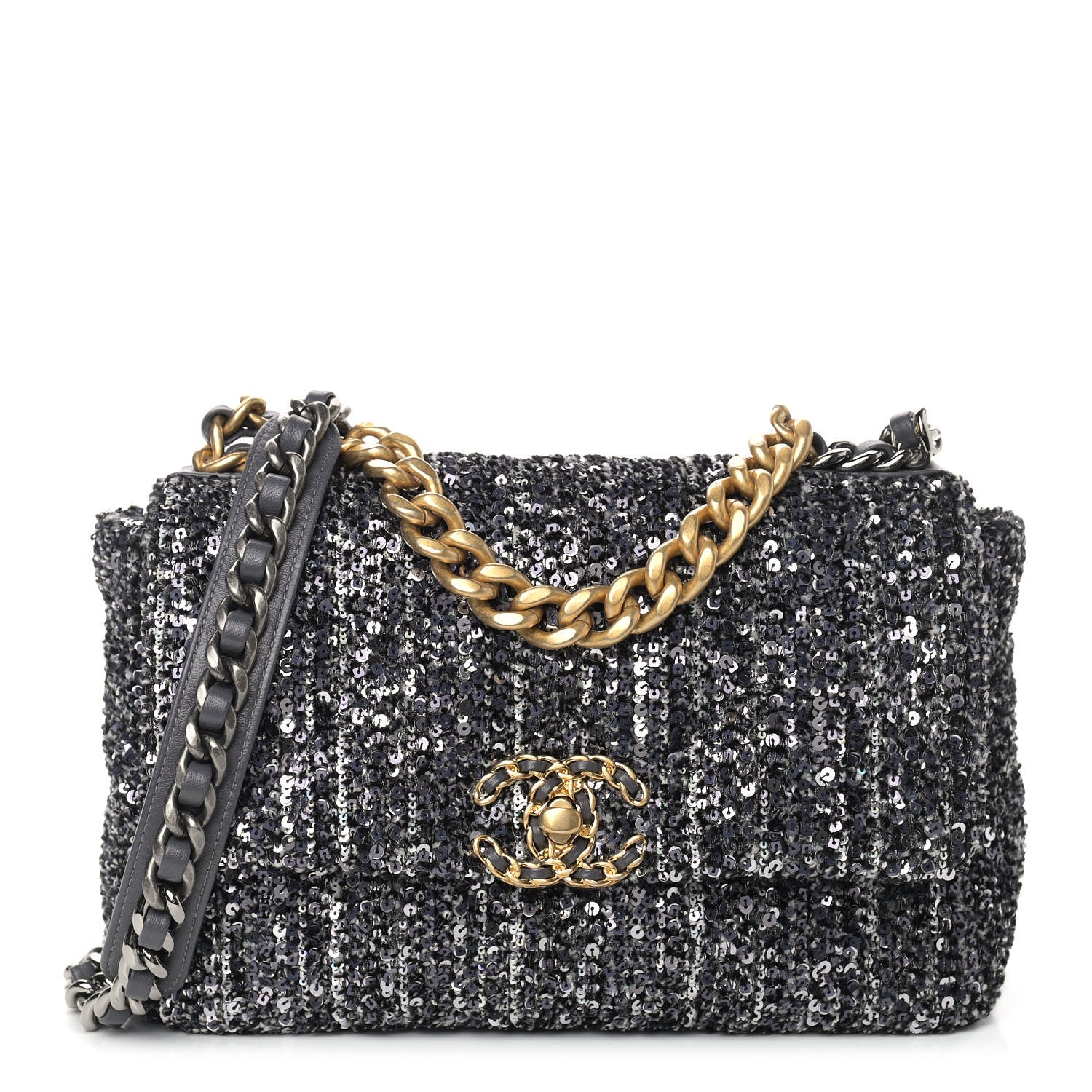 Chanel Sequin Quilted Medium Chanel 19 Flap Black Silver 1 of 9