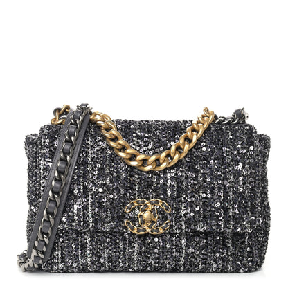Chanel Sequin Quilted Medium Chanel 19 Flap Black Silver 1 of 9