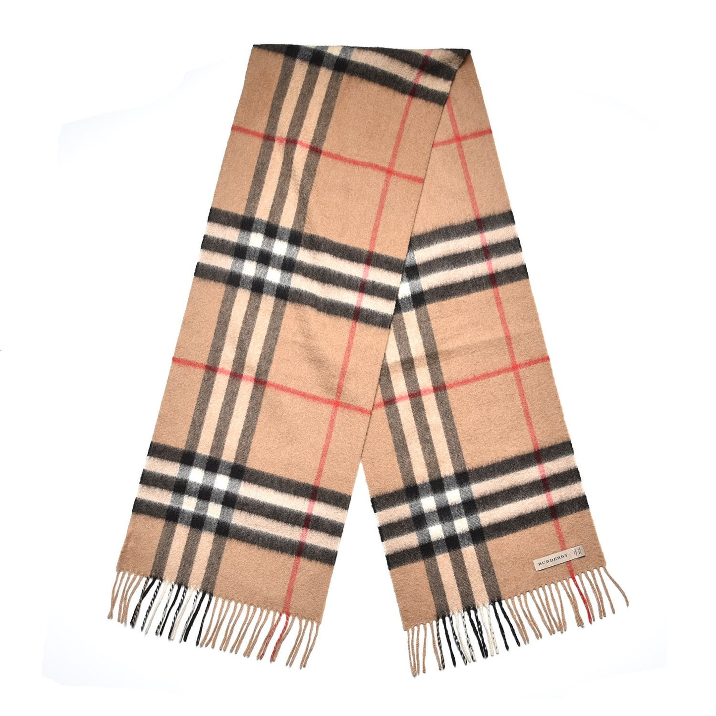 Cashmere Giant Check Fringe Scarf Camel
