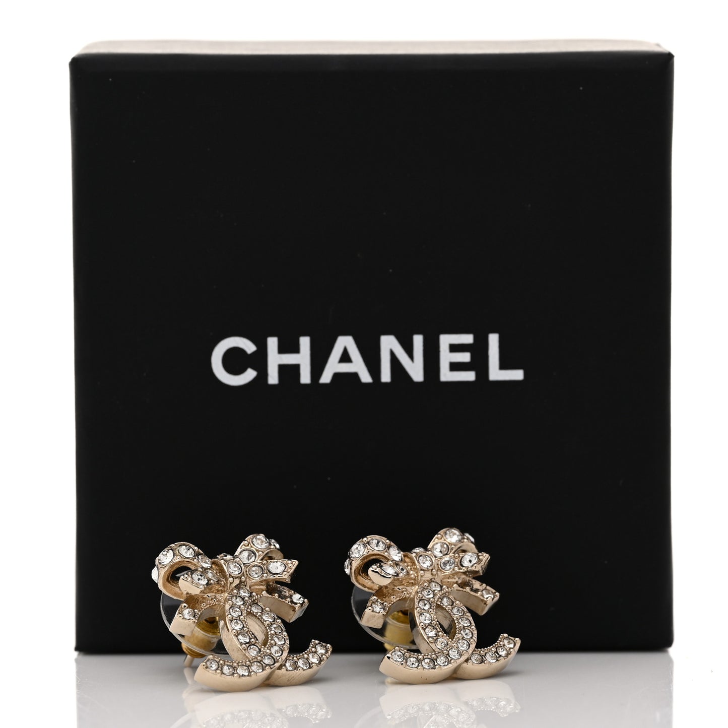 Crystal CC Bow Dangle Earrings Gold