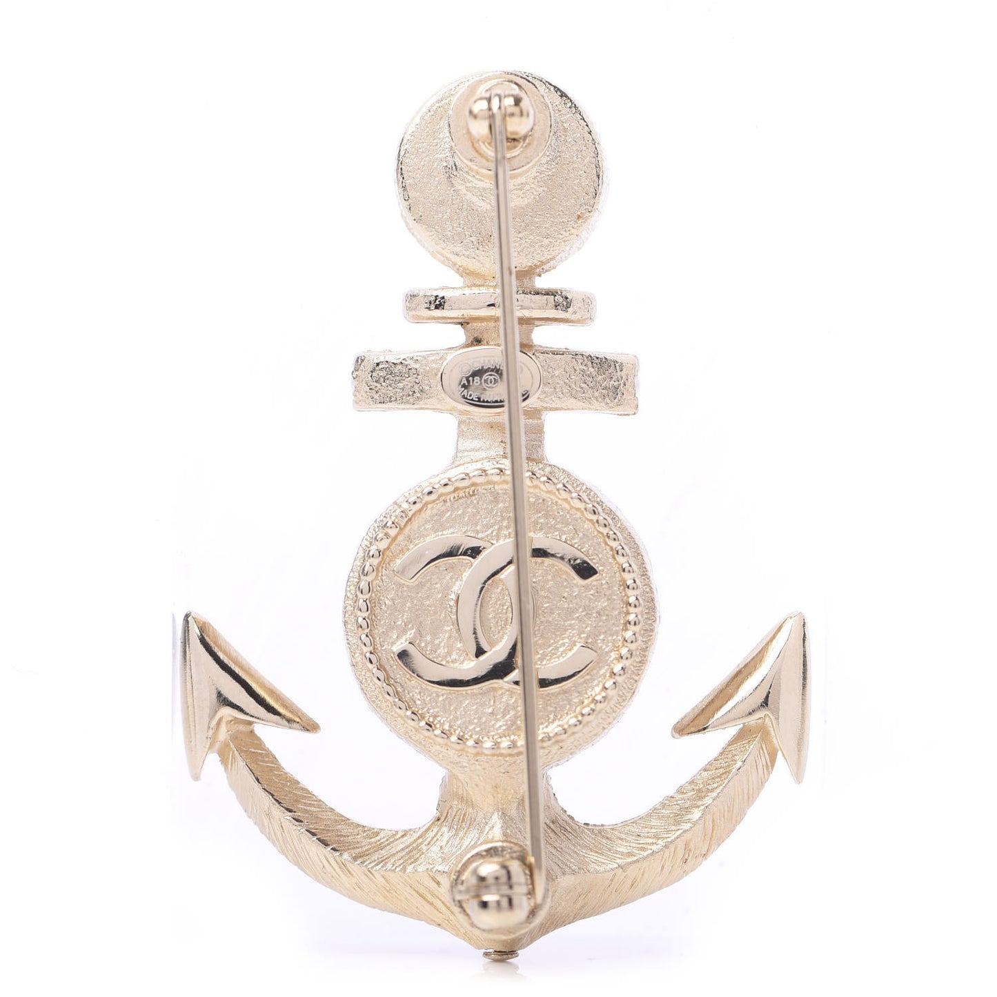 Crystal Pearl CC Anchor Brooch Gold