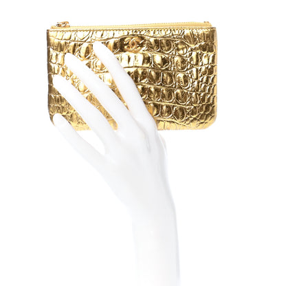 Chanel Metallic Calfskin Crocodile Embossed Cocodile Small Cosmetic Case Gold 2 of 8