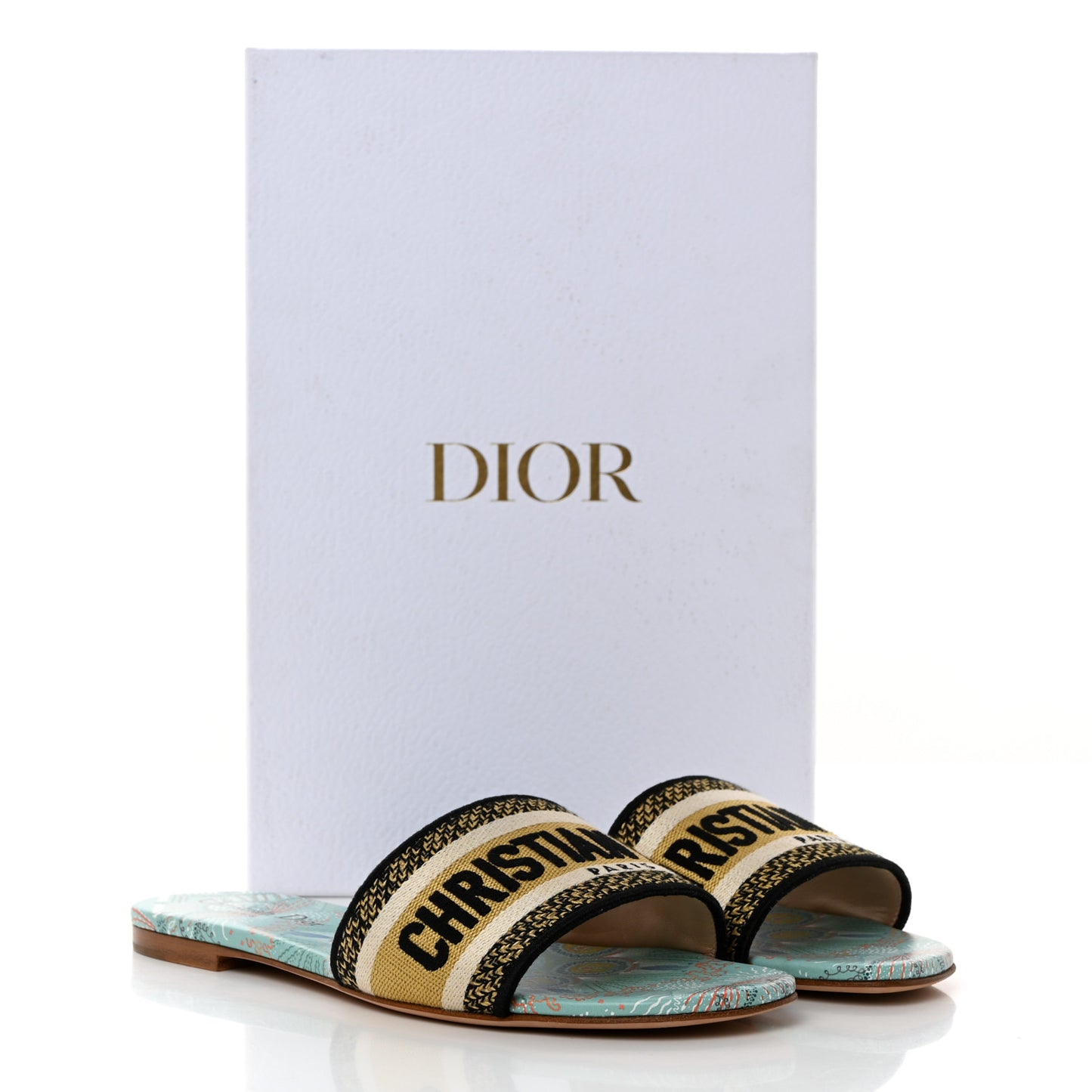 Canvas Embroidered Dior In Lights Dway Flat Slide Sandals 37.5 Turquoise