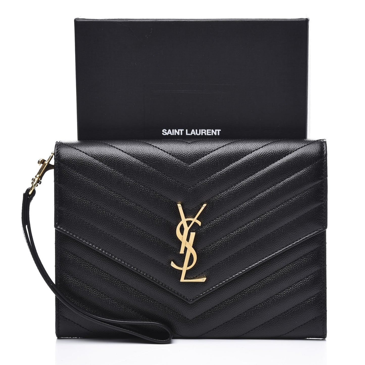 Grain De Poudre Matelasse Chevron Monogram Envelope Clutch Black