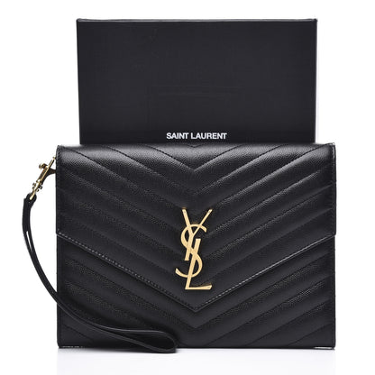 Saint Laurent Grain De Poudre Matelasse Chevron Monogram Envelope Clutch Black 10 of 10