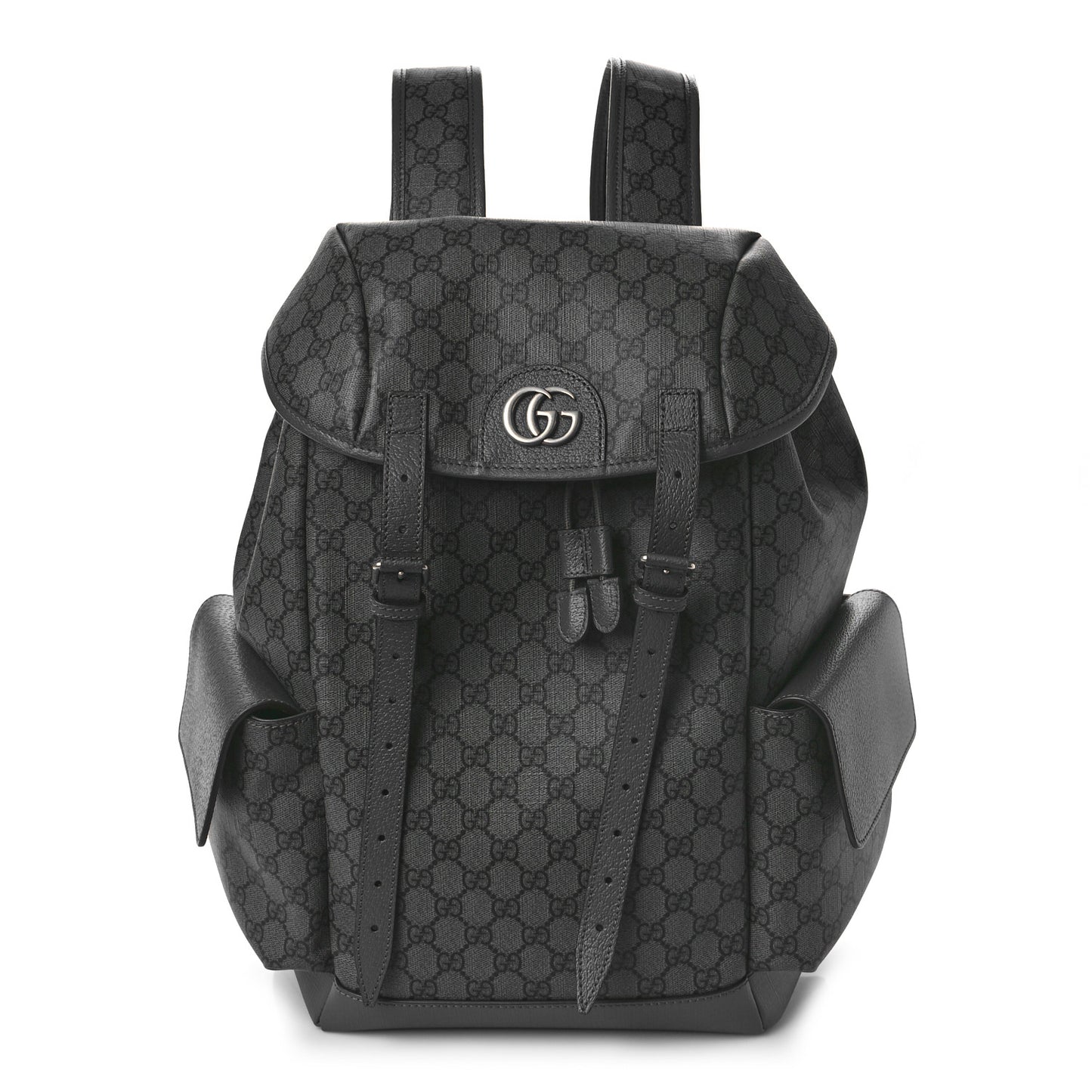 GG Supreme Monogram Textured Dollar Calfskin Medium Ophidia Double Buckle Backpack Grey Black Graphite Grey