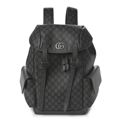 Gucci GG Supreme Monogram Textured Dollar Calfskin Medium Ophidia Double Buckle Backpack Grey Black Graphite Grey 1 of 7