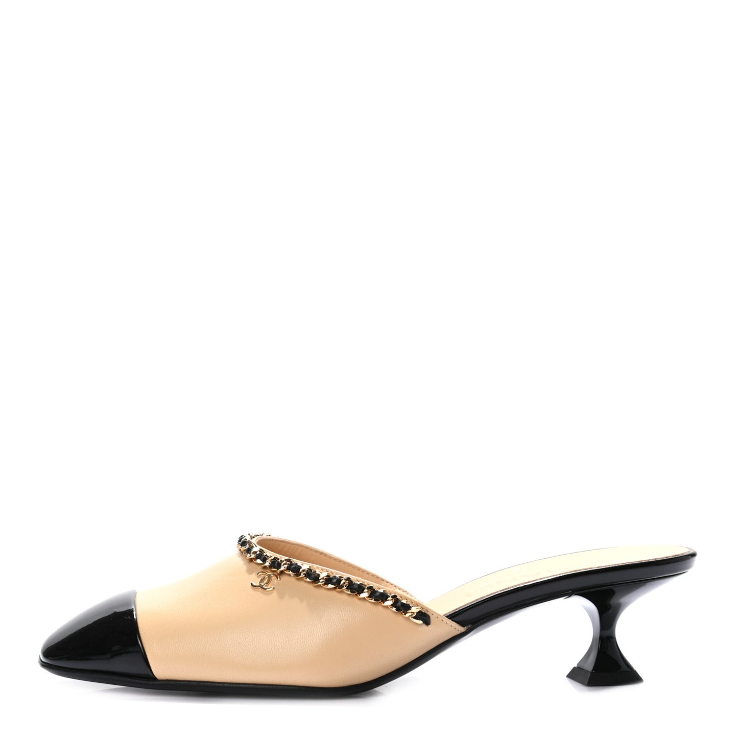 Lambskin Patent Cap Toe Chain Mule 37 Beige Black