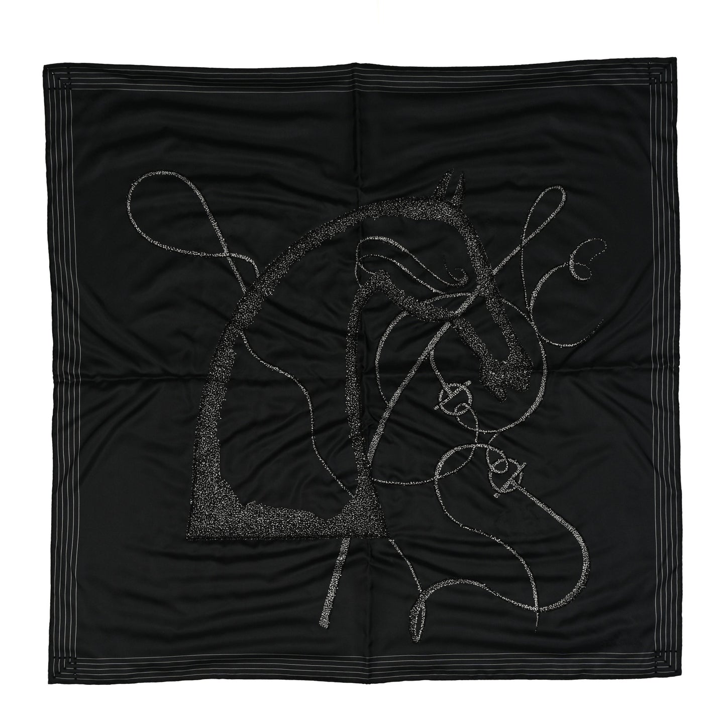 Silk Embroidered Cheval Du Nuit Scarf 90 Black