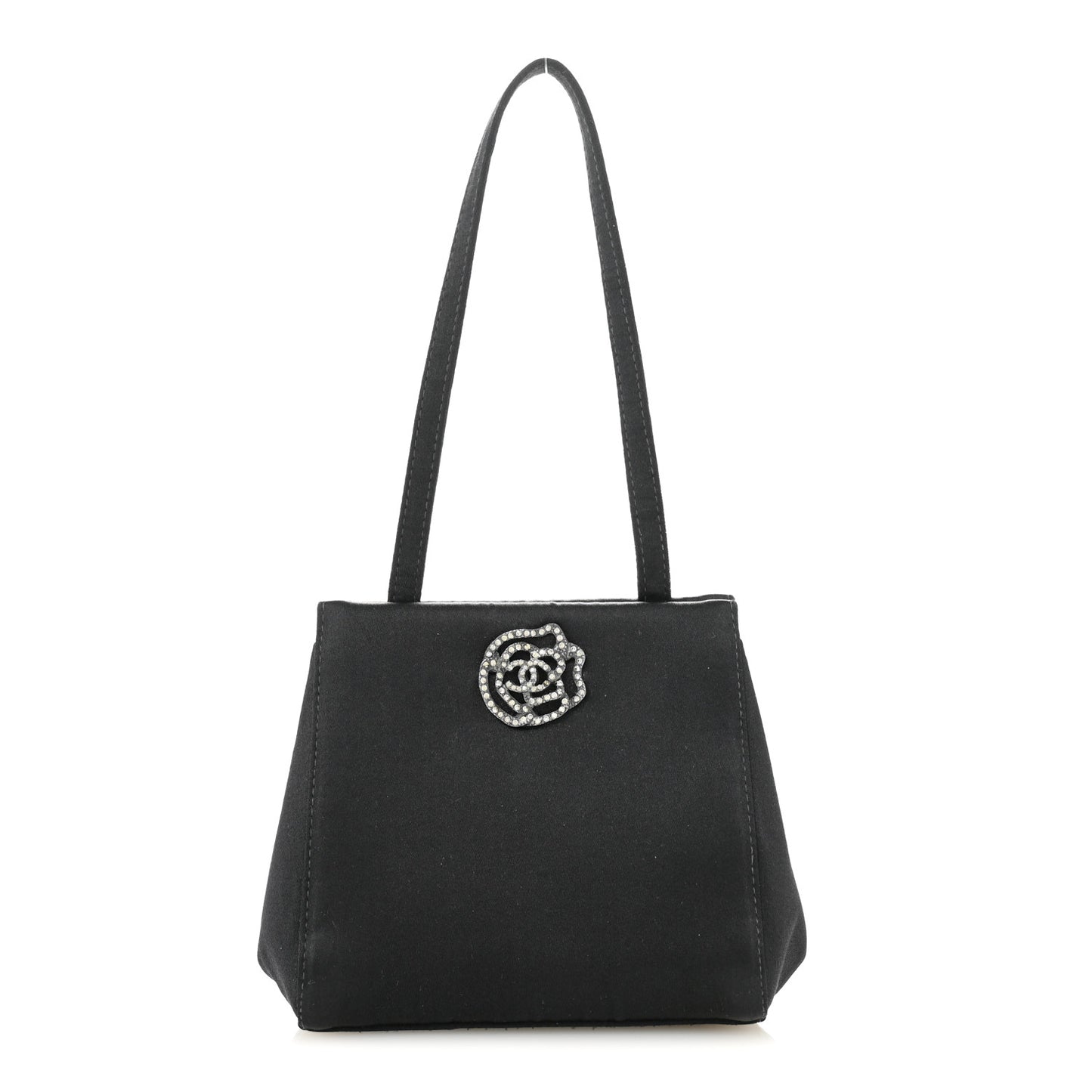 Satin Crystal Small Camellia Evening Bag Black