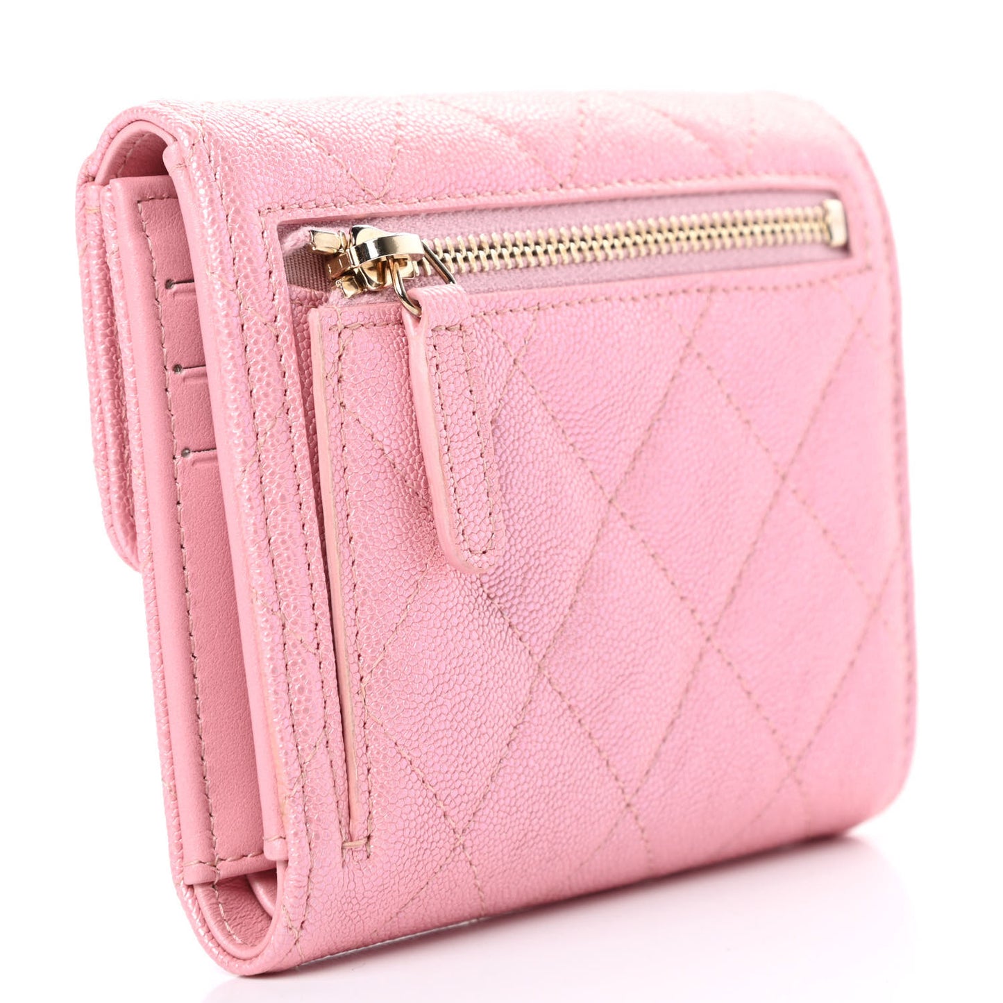 Iridescent Caviar Quilted Compact Flap Wallet Pink